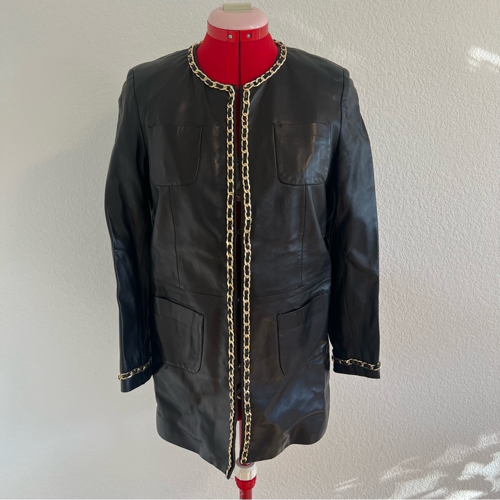 B&W Black Leather Jacket with Gold Chain Accents